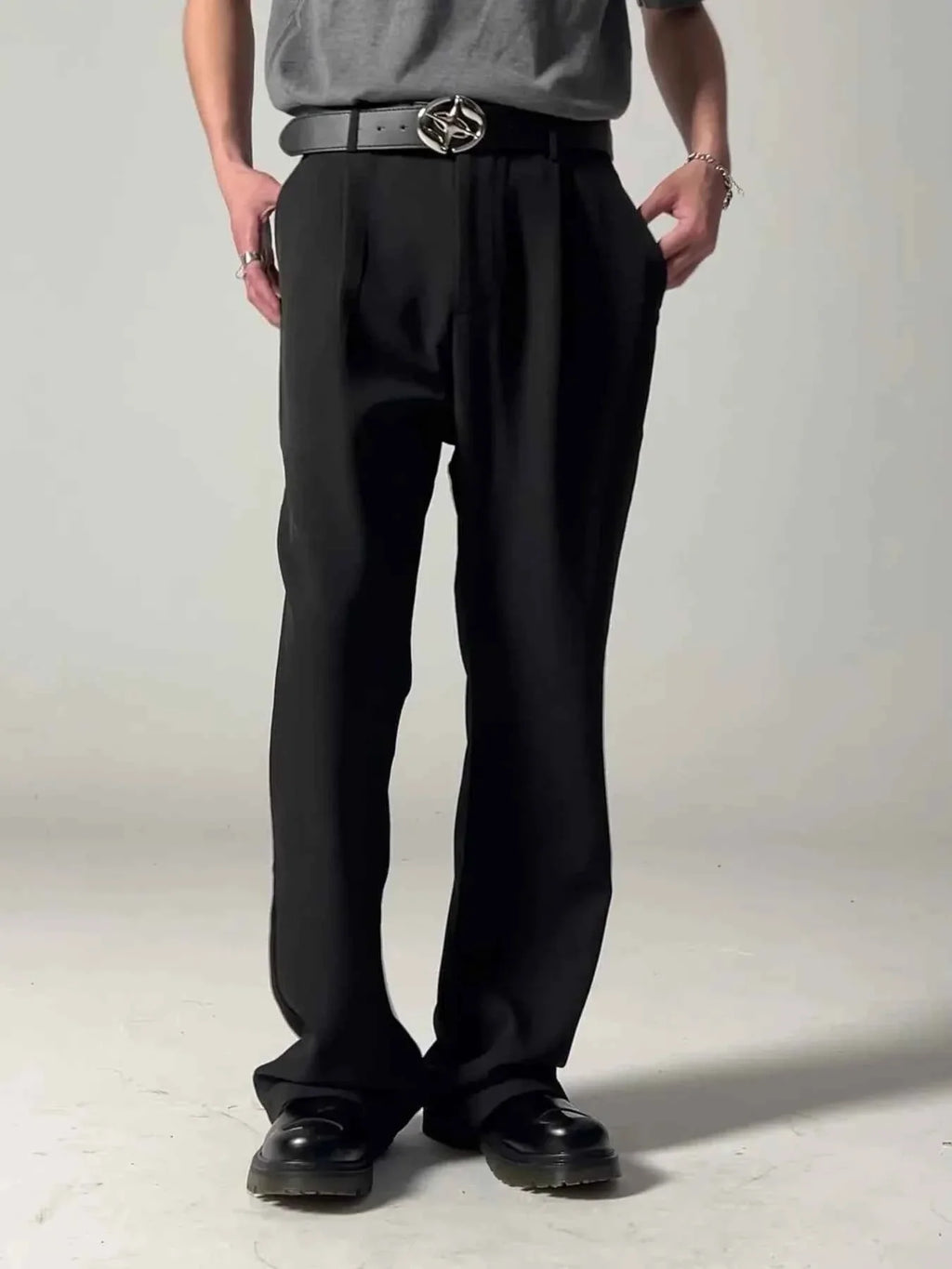 Black Belted Men's Pleated Wide Leg Dress Pants