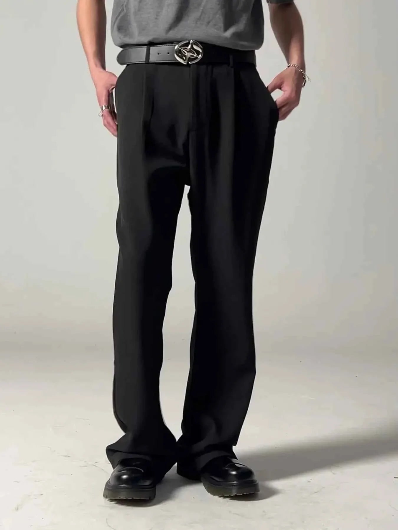 Black Belted Men's Pleated Wide Leg Dress Pants