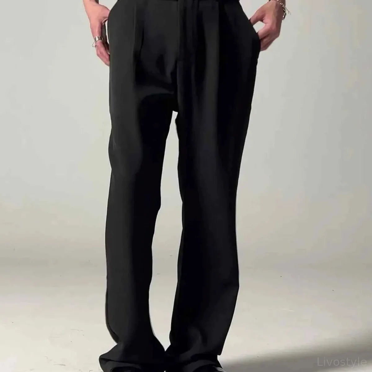Black Belted Men's Pleated Wide Leg Dress Pants