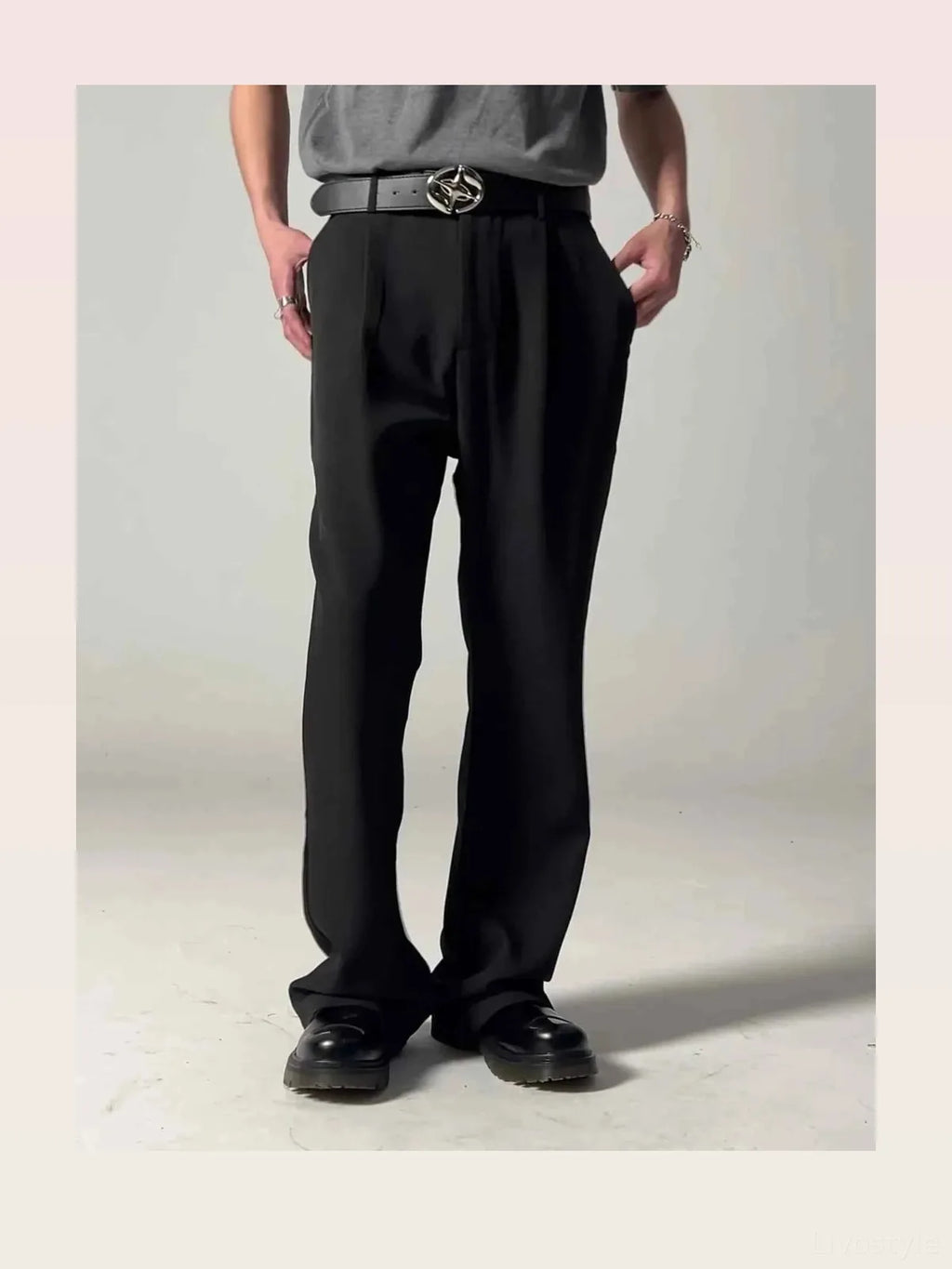 Black Belted Men's Pleated Wide Leg Dress Pants
