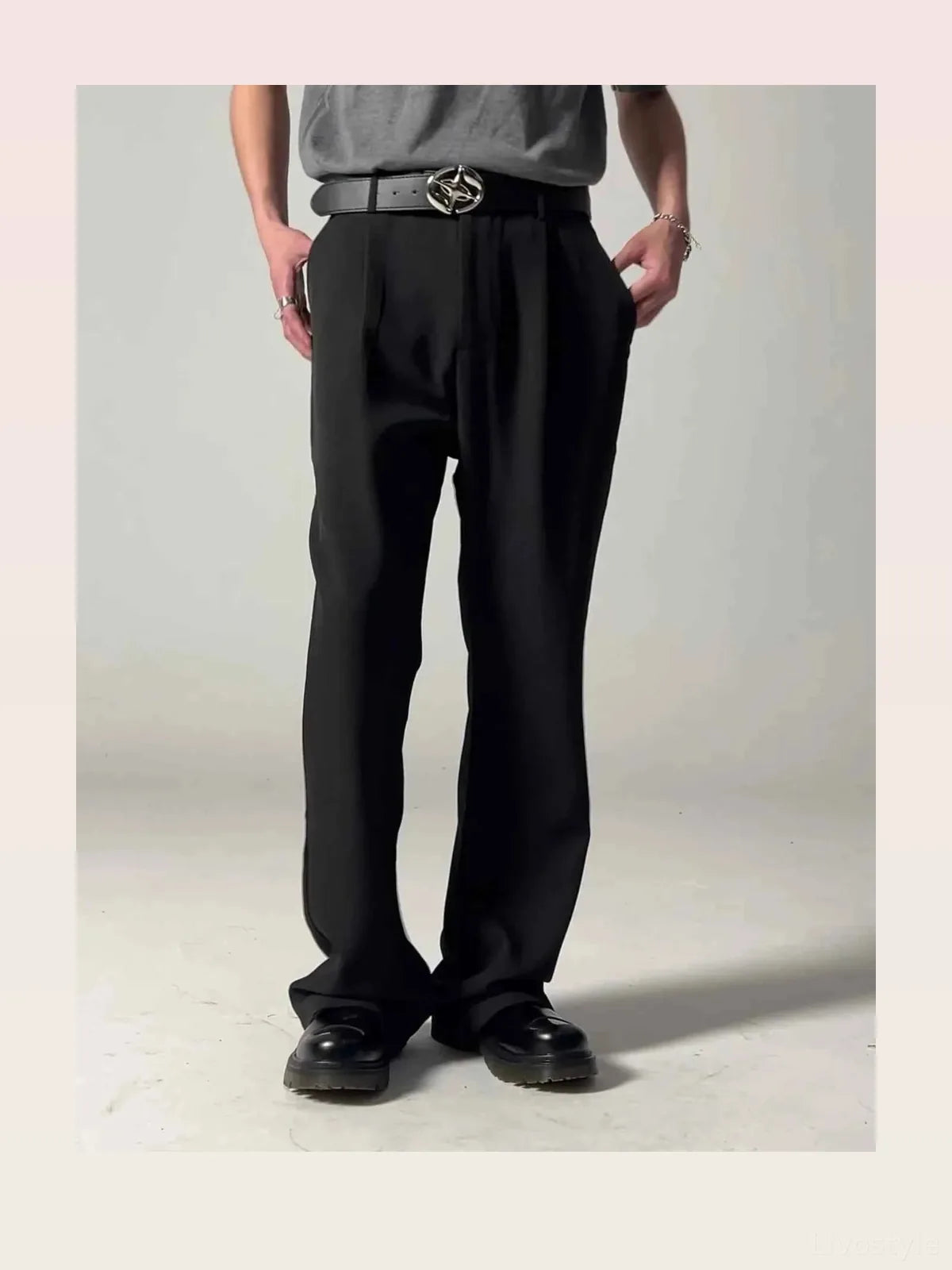 Black Belted Men's Pleated Wide Leg Dress Pants